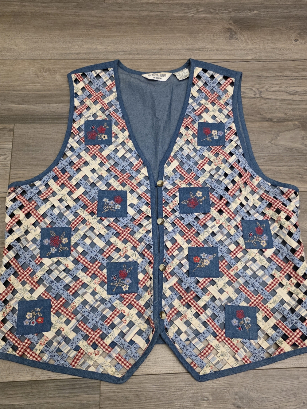 Victoria Jones Woman Blue Patchwork Quilted Vest with Red Accents